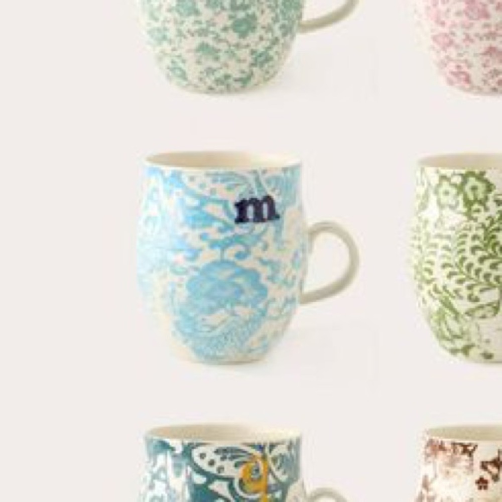 M Anthropologie Homegrown Butterfly Koi Fish Blue Cream Monogram “m “ Coffee Mug